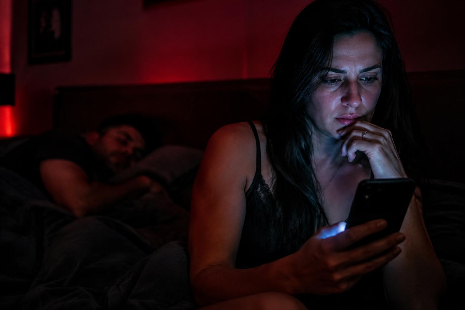 Mulher pensativa olhando o celular à noite